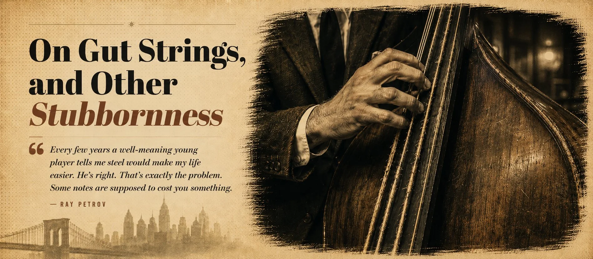 Close detail of gut strings on an upright bass neck, worn and slightly frayed at the edges