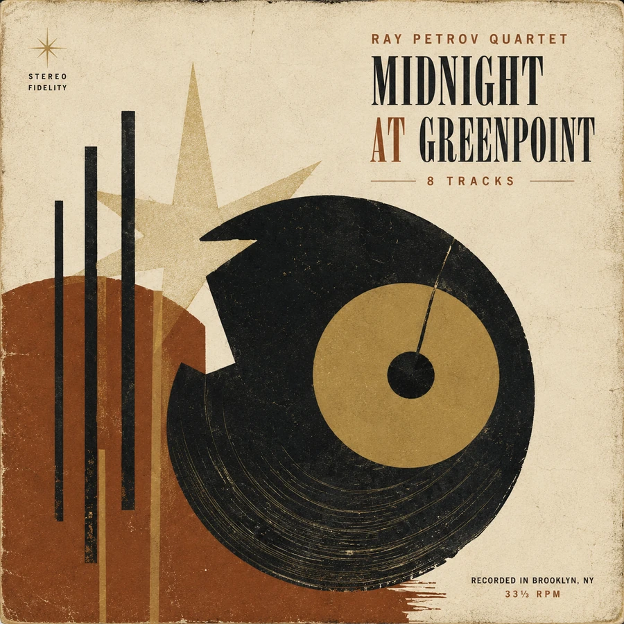 Album cover: Midnight at Greenpoint — abstract 1950s record illustration