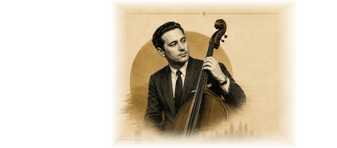 Sepia-toned period artwork of Ray Petrov playing an upright bass